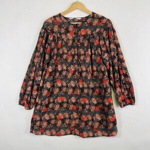 Zara Trafaluc Brown Black Dot Floral Stitch Long Sleeve Blouse Top Womens Small